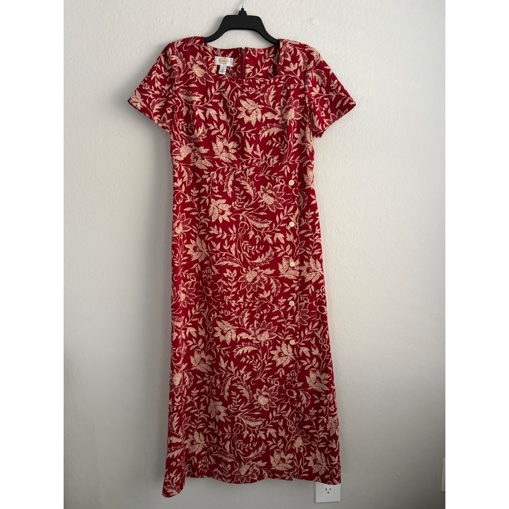 Vintage Talbots Red Floral Maxi Dress Womens 4 Square Neck Side Slit Button Up